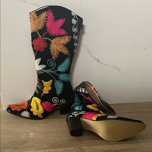 Embroidered Floral Knee-High Boots